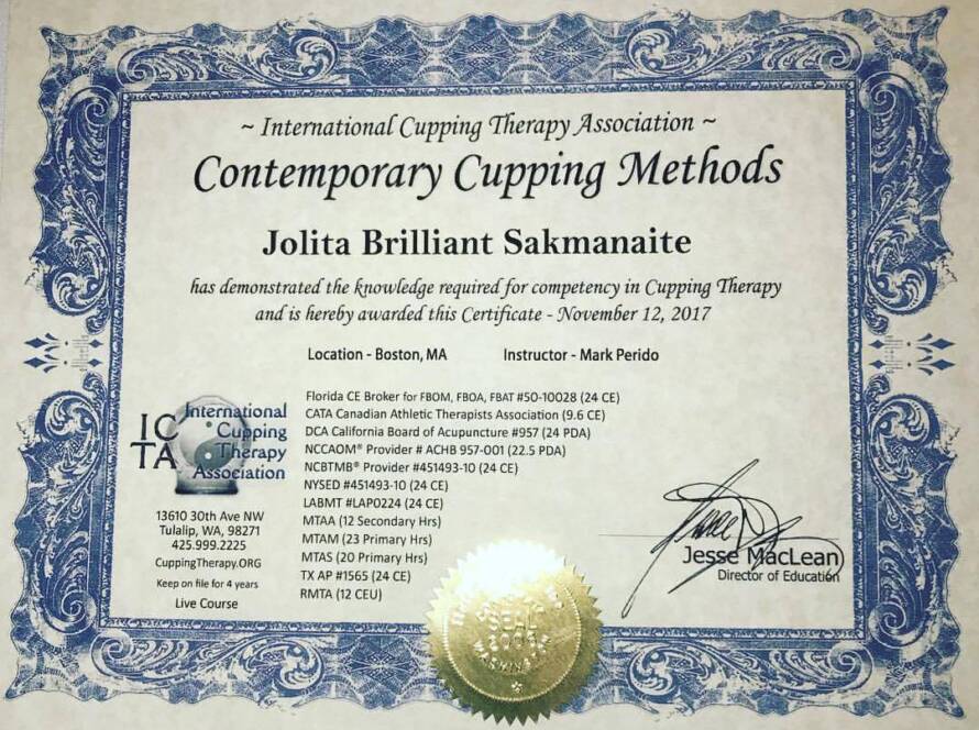 Contemporary Cupping Certificate for massage therapist Jolita Brilliant