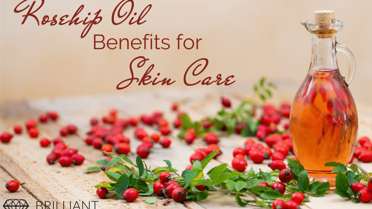 bottle of rosehip oil with some fresh rosehip: text: rosehip oil benefits for skin care