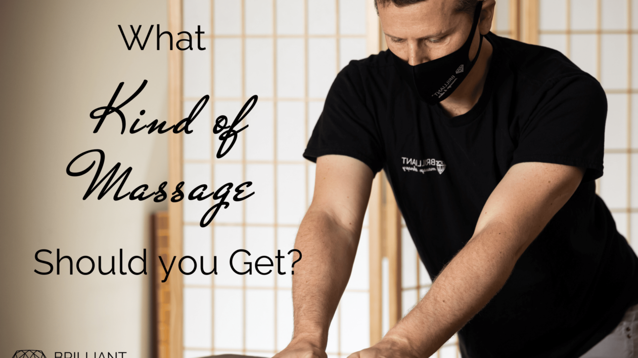 man in black shirt giving a massage to a client: text: what kind of massage should you get?