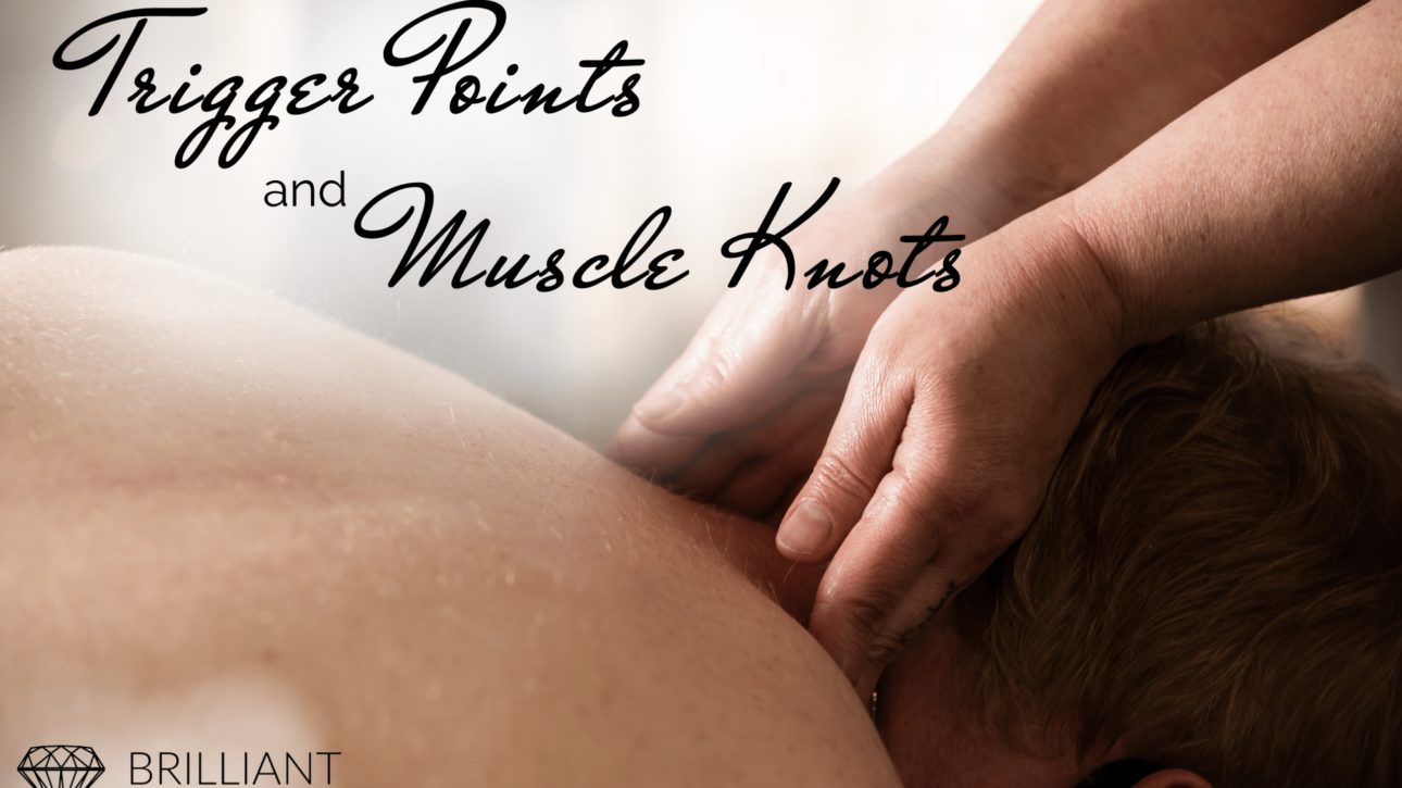 man lying on massage table having his shoulder massaged: text: trigger points and muscle knots