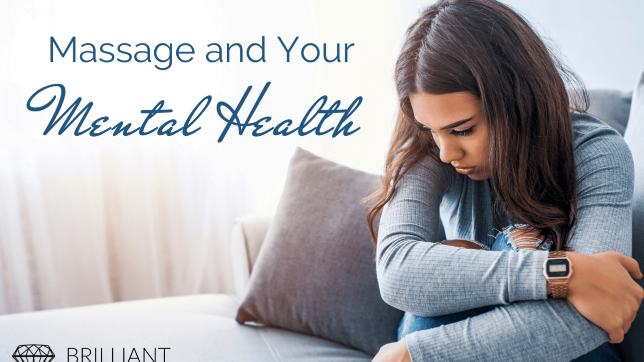 depressed girl in blue long sleeve shirt on her bed: text: Massage and your mental health