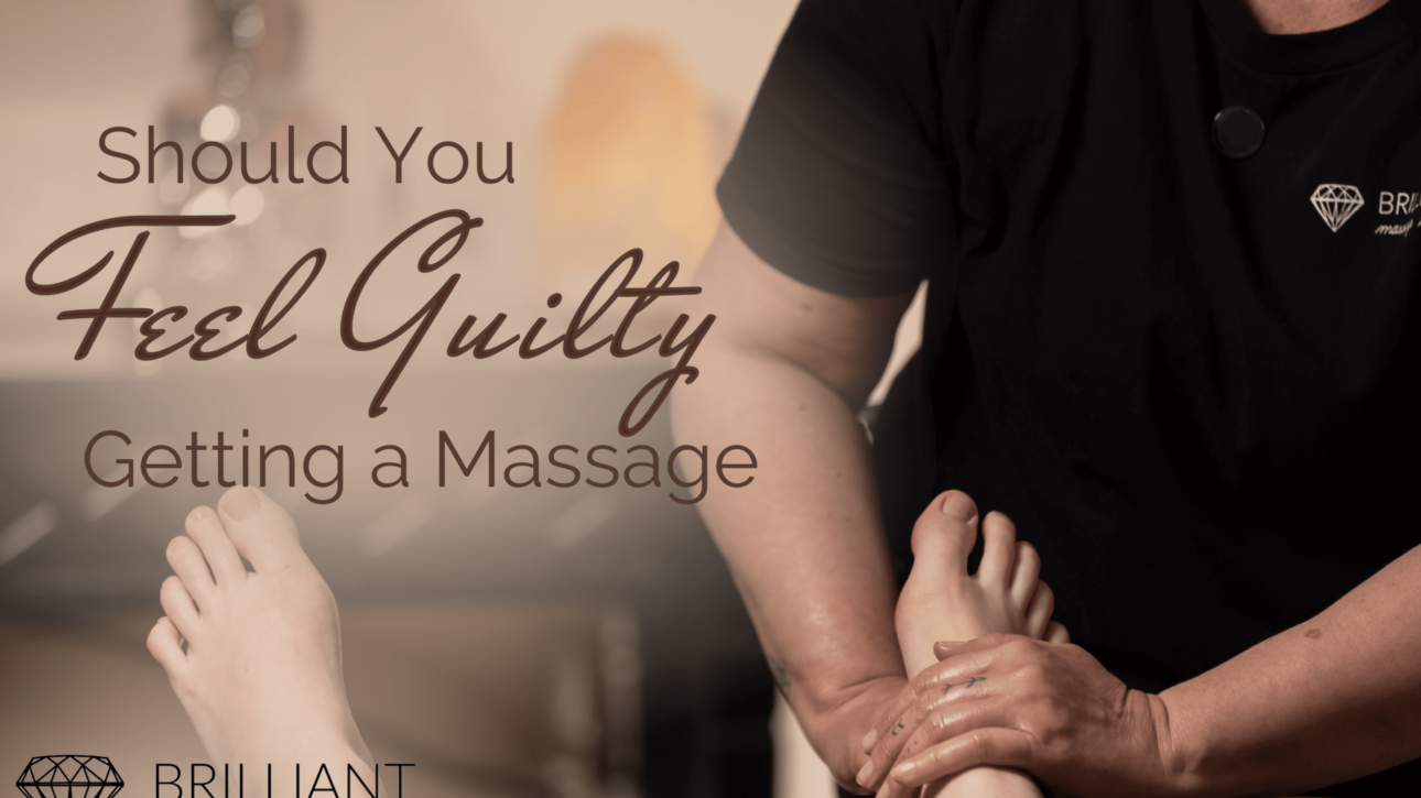 two feet having a massage: text: should you feel guilty getting a massage