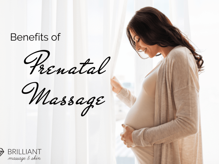 a pregnant lady opening a curtain while holding her tummy: text: benefits of prenatal massage