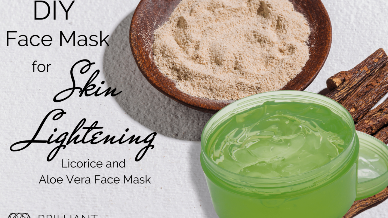 face mask on a tub with licorice powder on a saucer: text DIY face mask for skin lightening