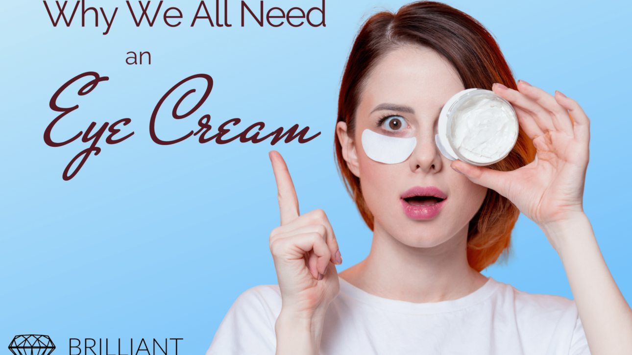 Girl in white with under eye pads on both eyes and a white cream covering the other eye: text why we all need an eye cream