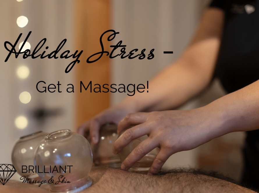 cupping massage on a client: text: holidat stress- Get a massage!