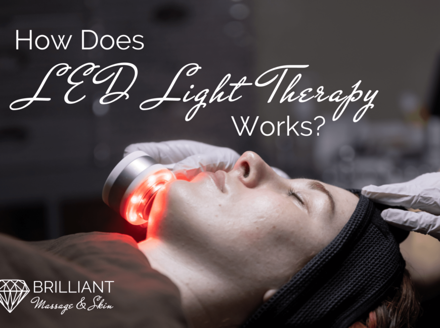 client having LED treatment on her face: text: How does LED light therapy works?