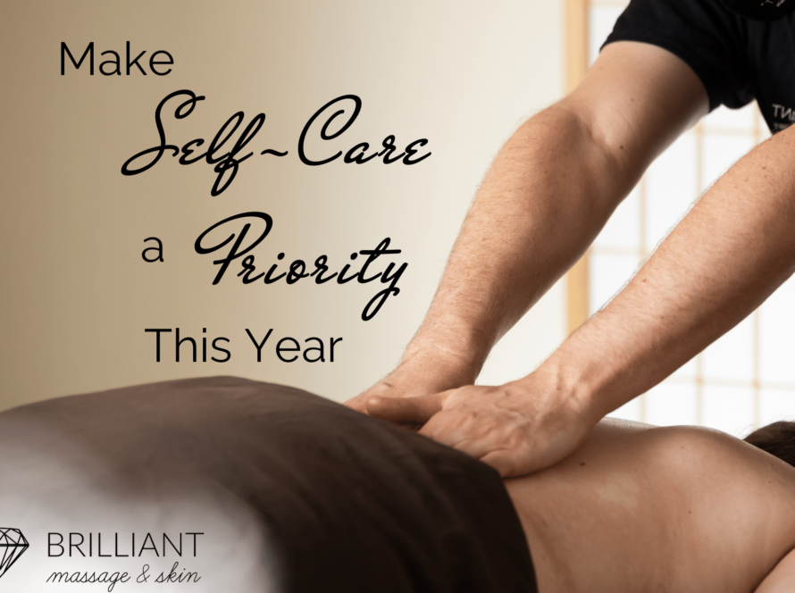 a man having a back massage; text: make self-care a priority this year