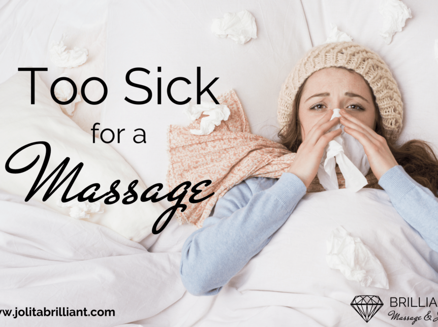 a sick woman in bed, holding a tissue on her nose: text: Too sick for a massage