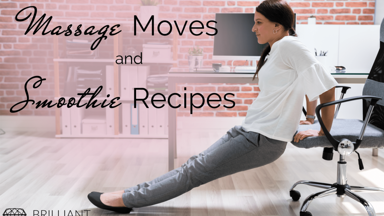 girl in white blouse and gray pants doing some yoga exercise in an office chair: text massage moves and smoothie recipes
