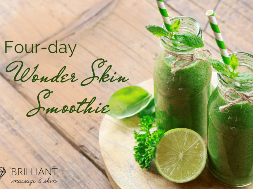 fruits and vegetables on a table: text: four-day wonder skin smoothie