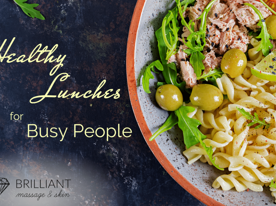pasta salad with olives, some greens, chiken flakes, tomatoes in a plate:text: healthy lunches for busy people