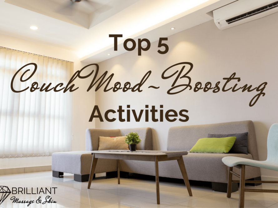 an L-shape couch by the window with rectangular center table with small plant on top ; text top 5 couch mood-boosting activities