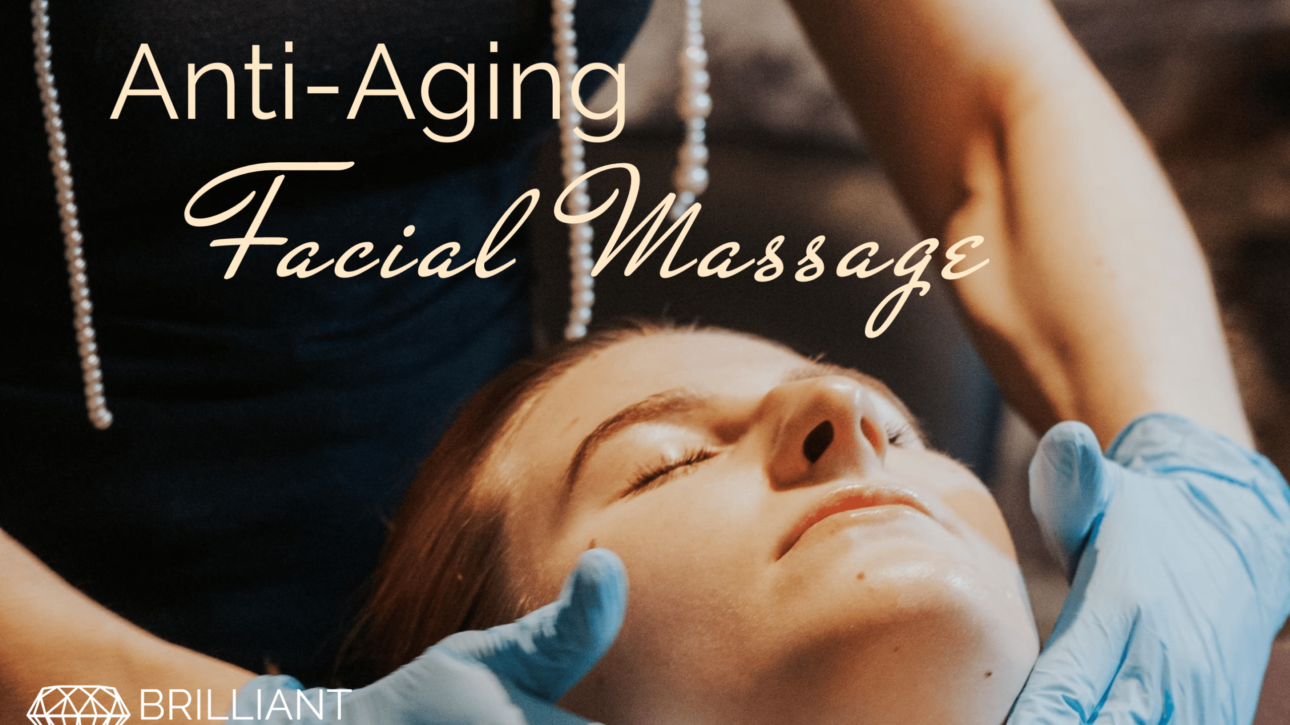 closed-eye client having a facial massage; text: anti-aging facial massage