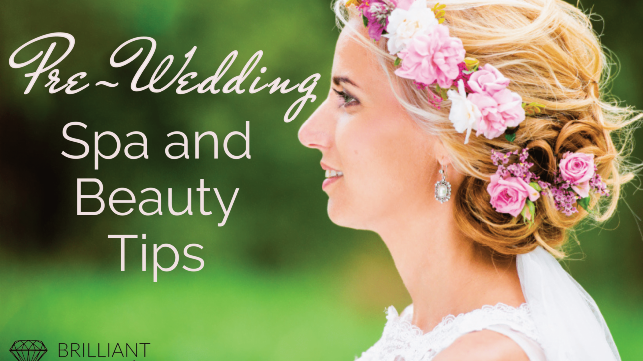girl on her wedding dress with flower headdress: text: pre-wedding spa and beauty tips