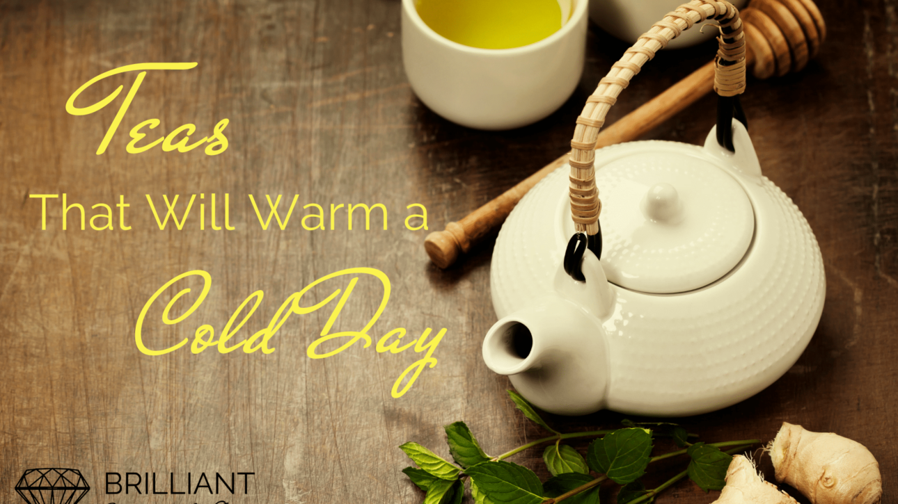tea kettle with cup and some ginger ang herbal leaves: text: teas that will warm a cold day.