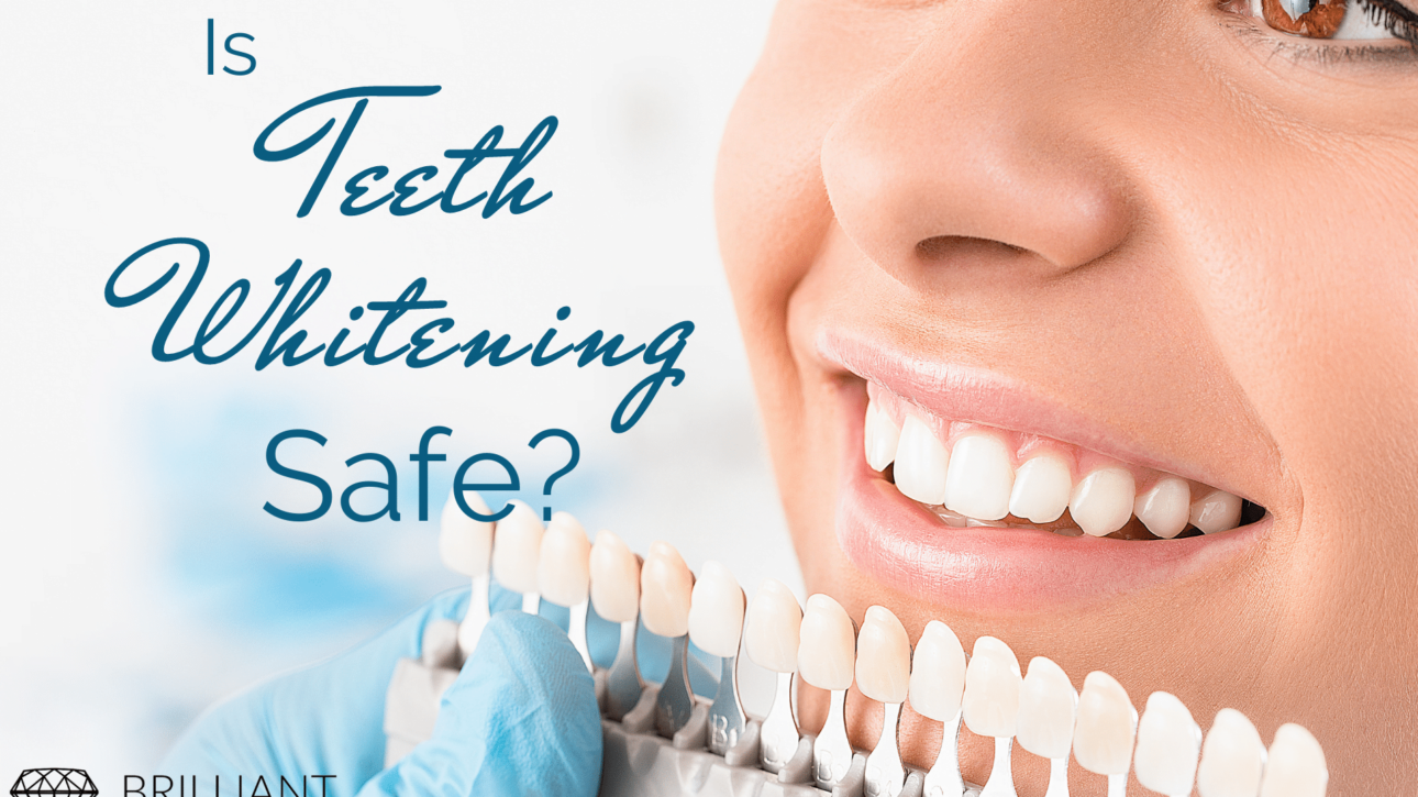 girl checking her tooth shade: text: is teeth whitening safe?