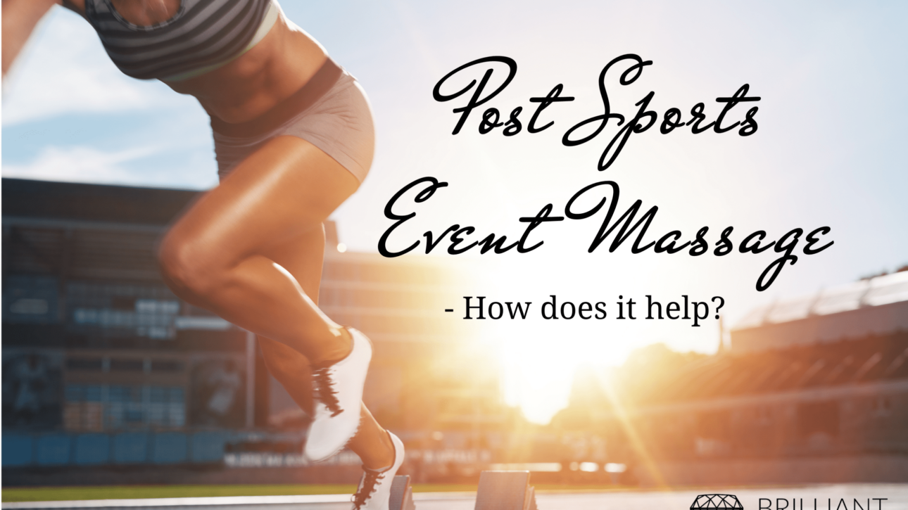 an athlete on the racetrack having her training: text: post sports event massage