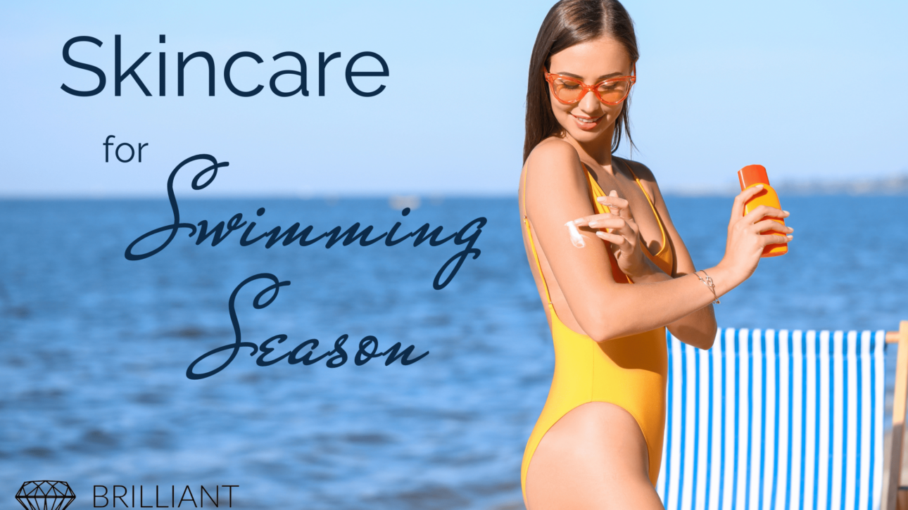 A girl in one-piece yellow swimsuit with orange sunglasses applying sunscreen on her arm along the beach. Text: skincare for swimming season
