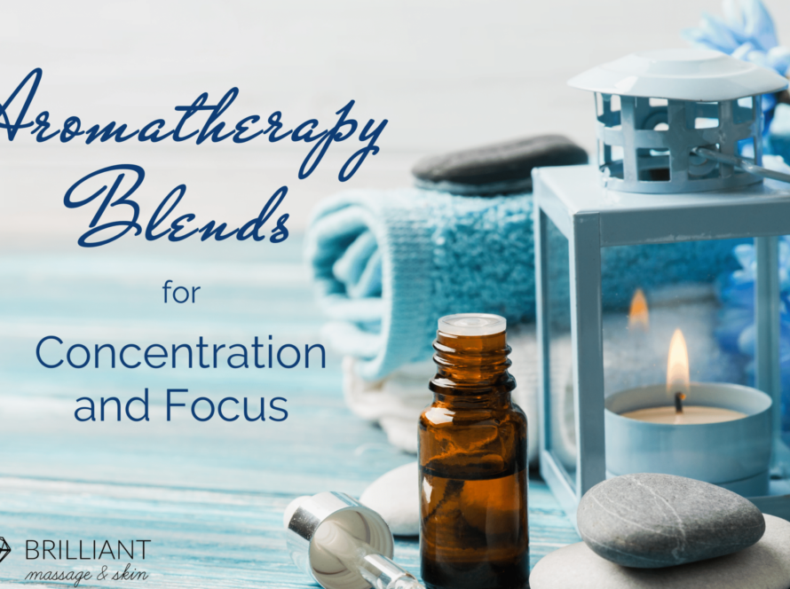 essential oils with some massage towels and stones: text: aromatherapy blends for concentration and focus