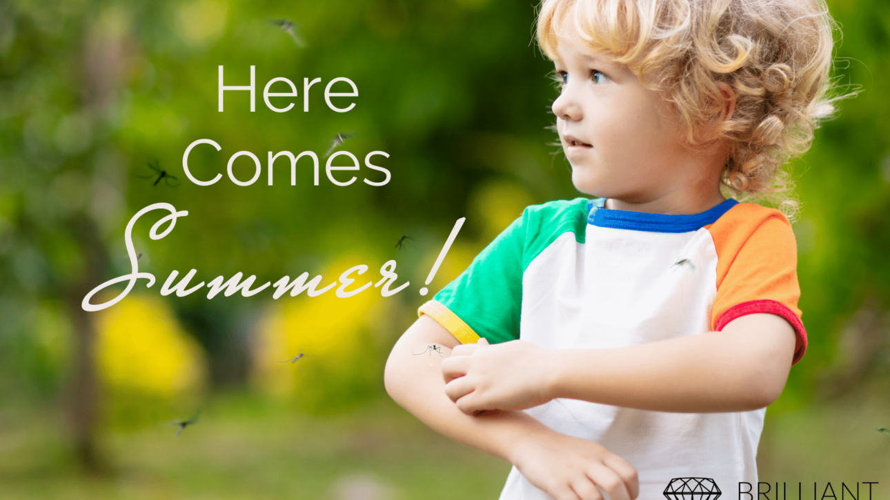 Curly blonde hair toddler having some itch from mosquito bite: text: here comes summer