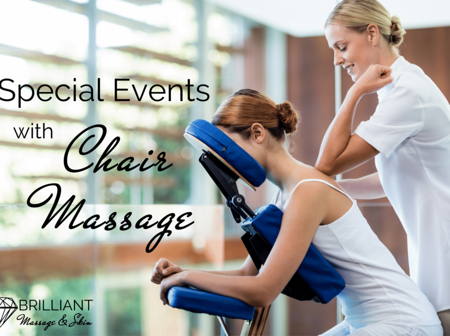 a girl in white having a chair massage from a therapist in white uniform: text: special events with chair massage