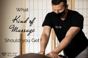 man in black shirt giving a massage to a client: text: what kind of massage should you get?