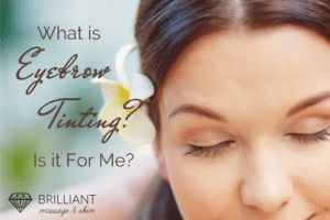 girl with eyes close with a flower on her ears: text: what is eyebrow tinting? is it for me?