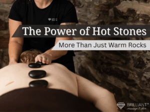 a client lying on the massage table having a hot stone on his back: text: The power of hot stones: more than just warm rocks