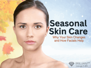 a woman bare face in seasons background of fall and snow text: Seasonal skin care why your skin changes and how facials help