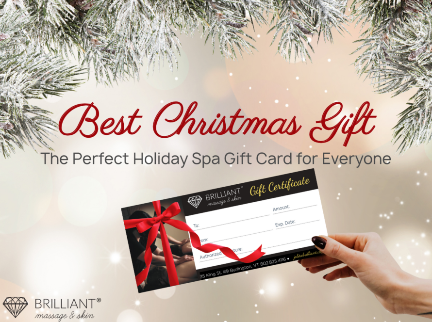 a christmas background of leaves and snow with a hand holding a gift card woth text "Best Christmas Gift The perfect Holiday Spa Gift Crd for everyone