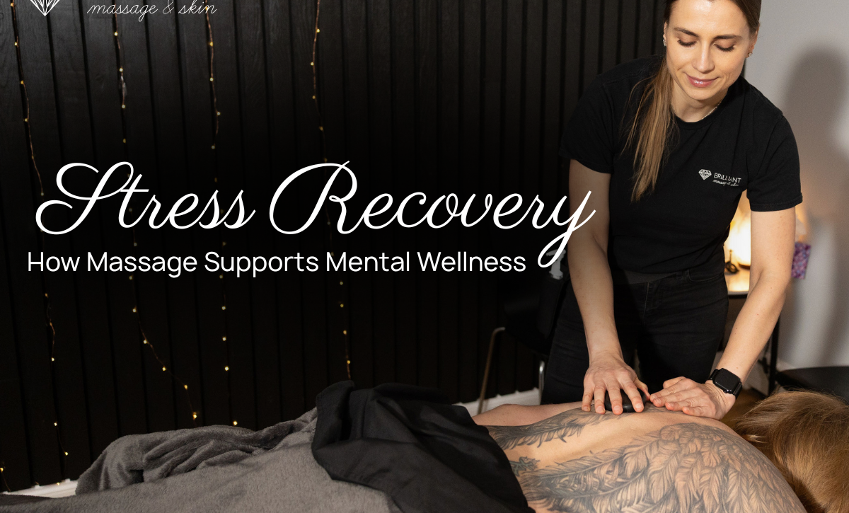 A massage therapist doing a hot stone massage to the back of a client: text: Stress recovery How massage supports mental wellness