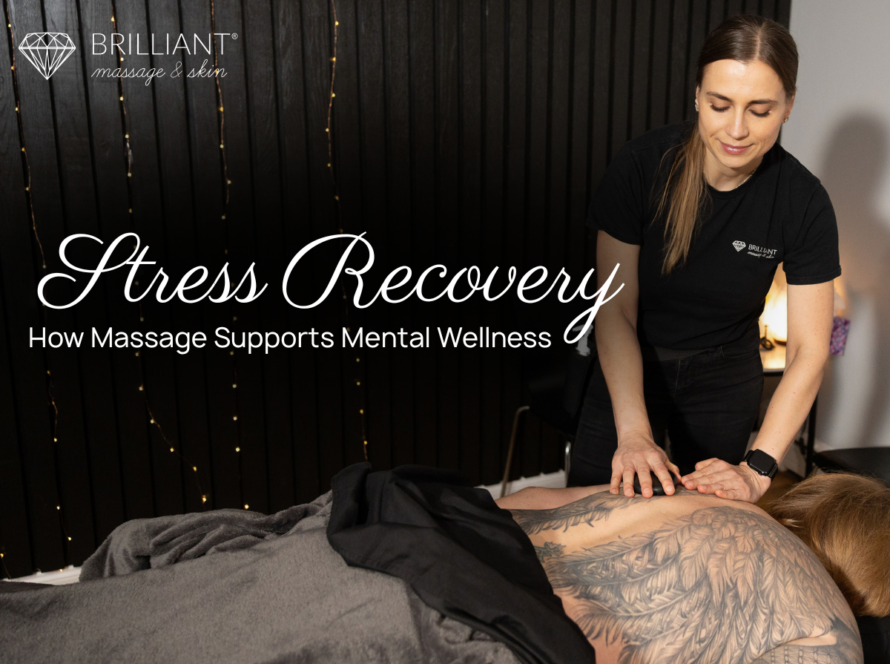 A massage therapist doing a hot stone massage to the back of a client: text: Stress recovery How massage supports mental wellness