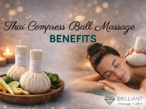 a client having a thai compress ball massage on the right and on the left is two thai massage compress ball; text: Thai Compress Ball Massage Benefits