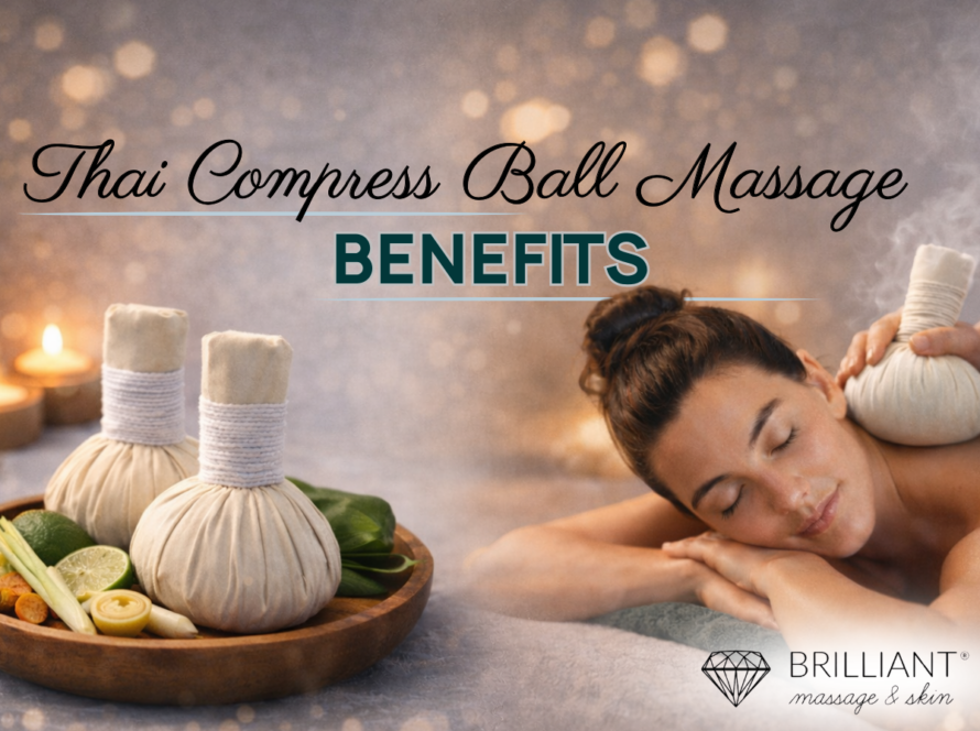 a client having a thai compress ball massage on the right and on the left is two thai massage compress ball; text: Thai Compress Ball Massage Benefits