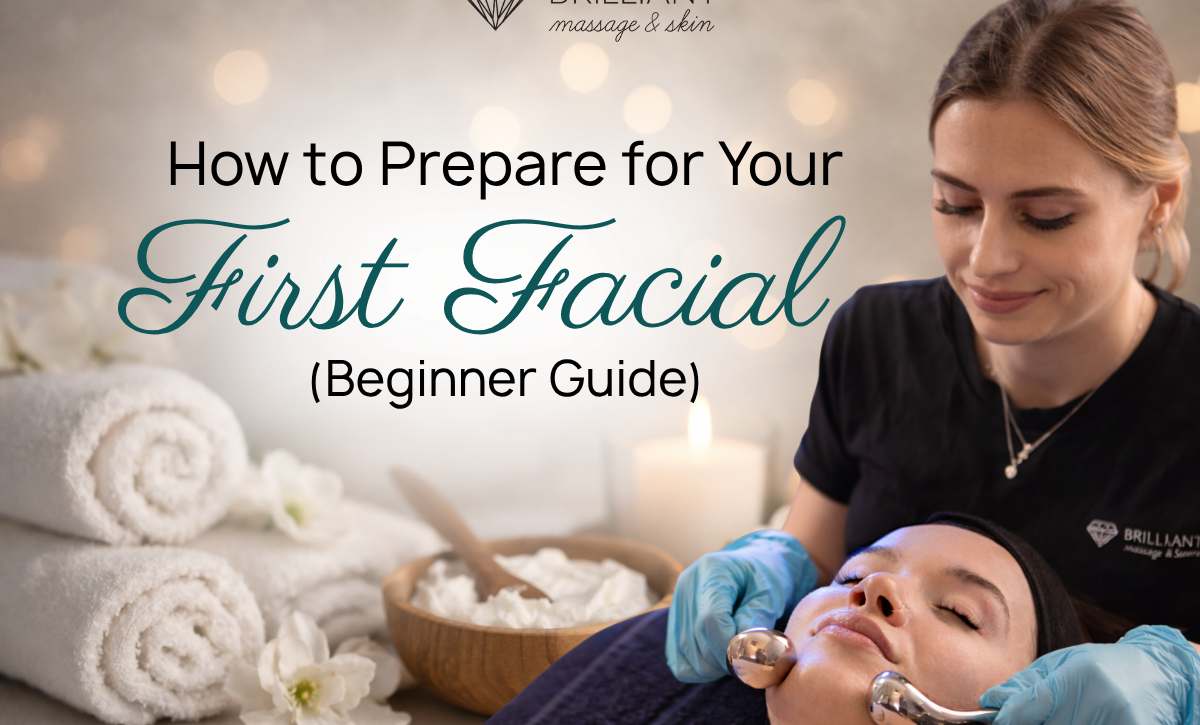 an esthetician in black giving facial to a client with towels and mask on the background; text: How to prepare your first facial (beginner guide)