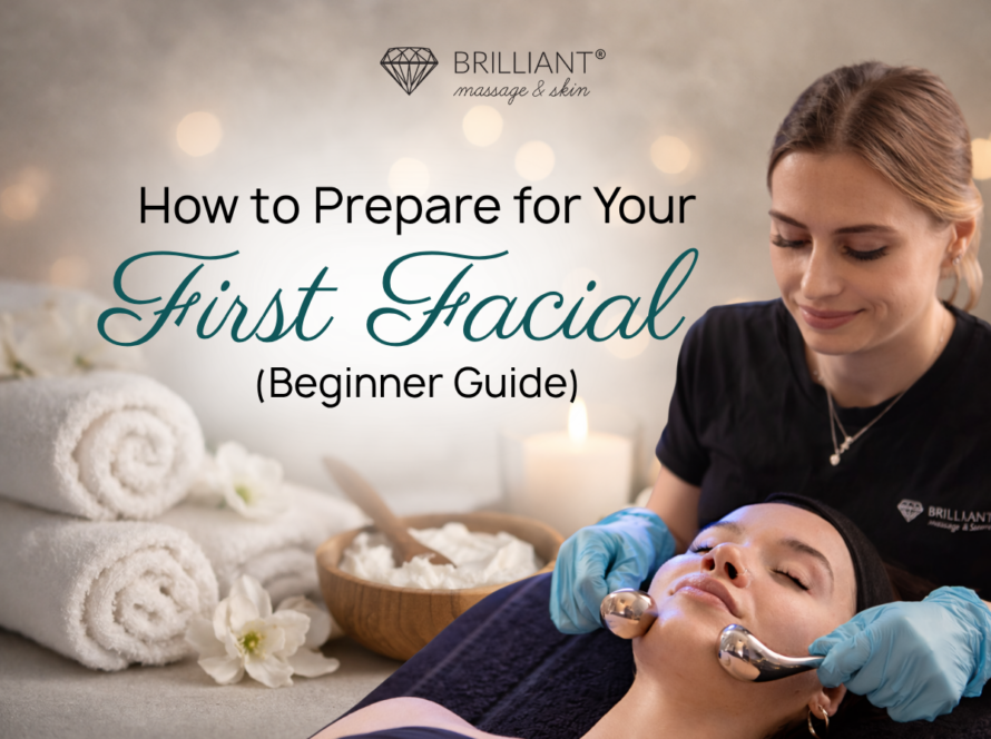 an esthetician in black giving facial to a client with towels and mask on the background; text: How to prepare your first facial (beginner guide)