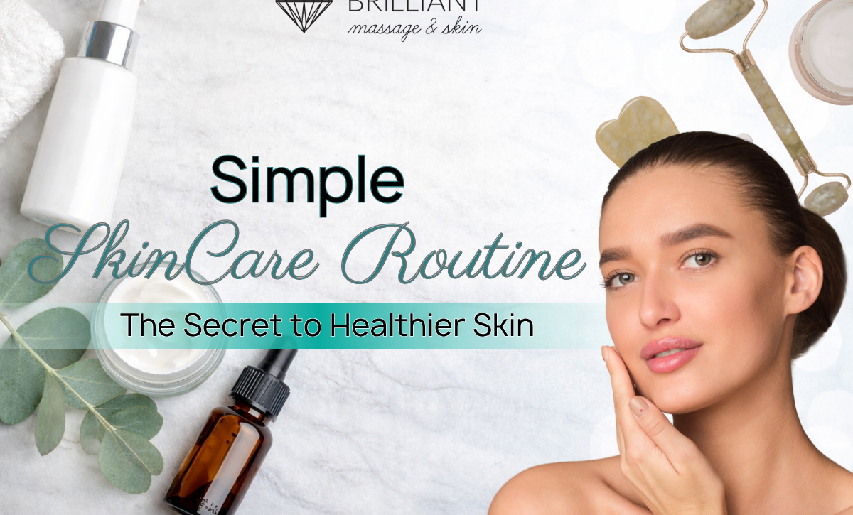 Simple skincare routine concept with minimal skincare products on marble background and woman with glowing healthy skin