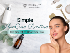 Simple skincare routine concept with minimal skincare products on marble background and woman with glowing healthy skin
