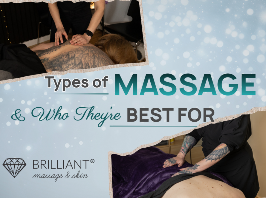two photos of therapist giving back massages to clients in the upper left and lower right of the graphics with text: Types of massages & who they're best for