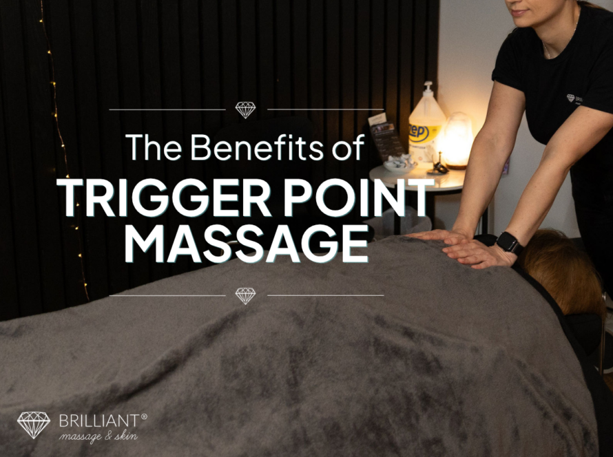 a client having a massage on his back under a brown massage sheet. text: the benefits of trigger point massage