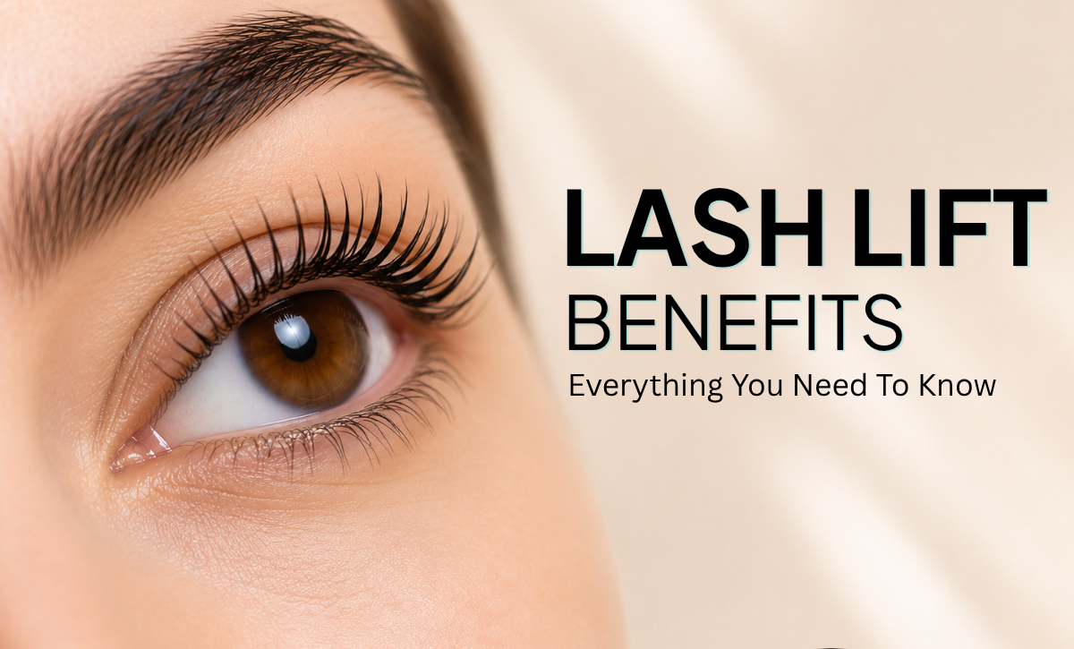 beautiful half face with prefect eyebrows and lashes Text: Lash lift benefits. everything you eed to know