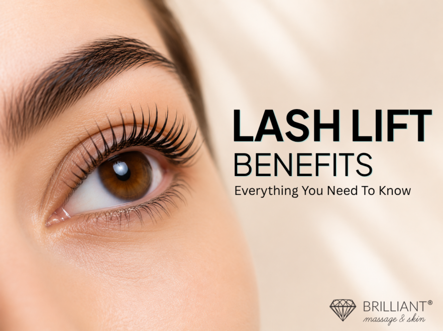 beautiful half face with prefect eyebrows and lashes Text: Lash lift benefits. everything you eed to know